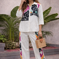White Pure Cotton Printed Shirt Cord Set