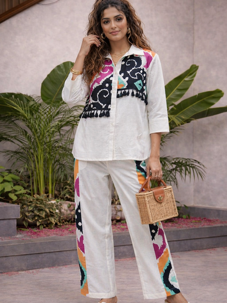 White Pure Cotton Printed Shirt Cord Set