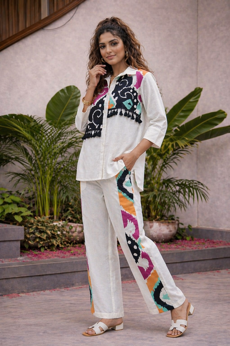 White Pure Cotton Printed Shirt Cord Set