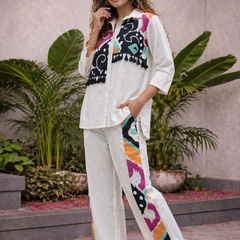 White Pure Cotton Printed Shirt Cord Set