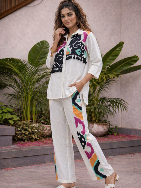 White Pure Cotton Printed Shirt Cord Set