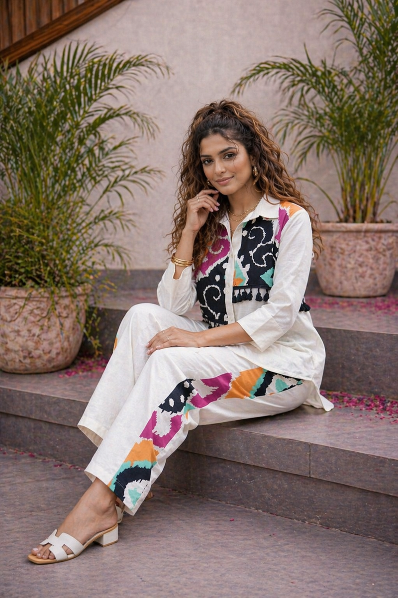 White Pure Cotton Printed Shirt Cord Set