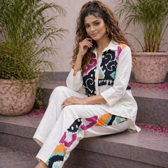 White Pure Cotton Printed Shirt Cord Set