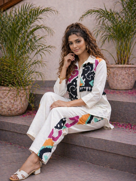 White Pure Cotton Printed Shirt Cord Set