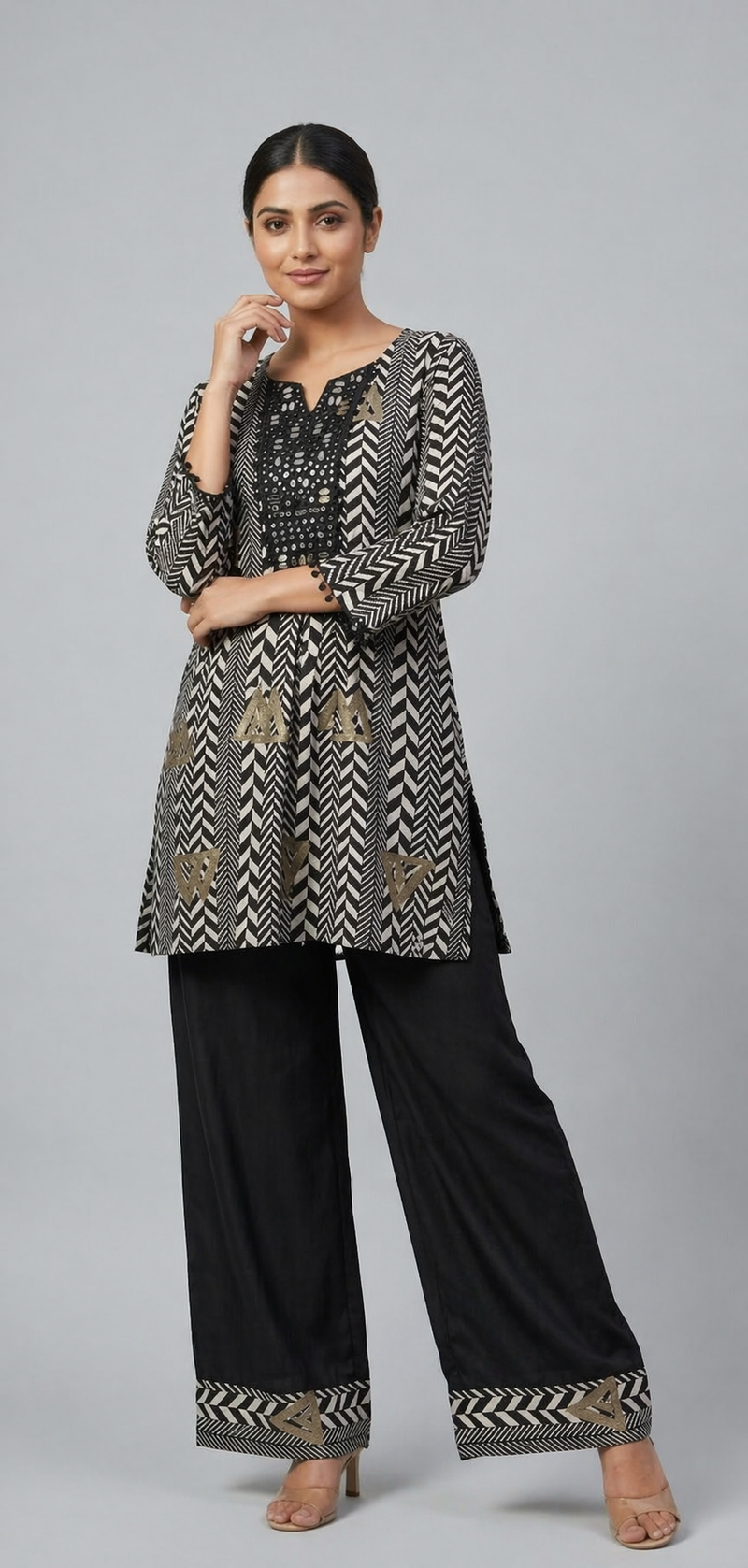 Black German Rayon Mirror Work Cord Set with Plazo Pants