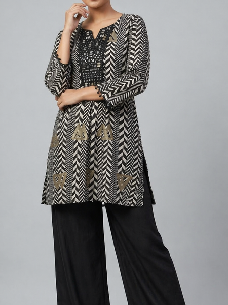 Black German Rayon Mirror Work Cord Set with Plazo Pants