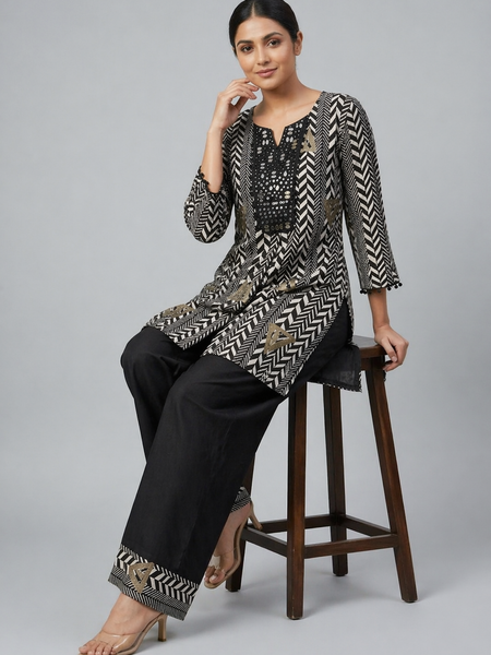 Black German Rayon Mirror Work Cord Set with Plazo Pants