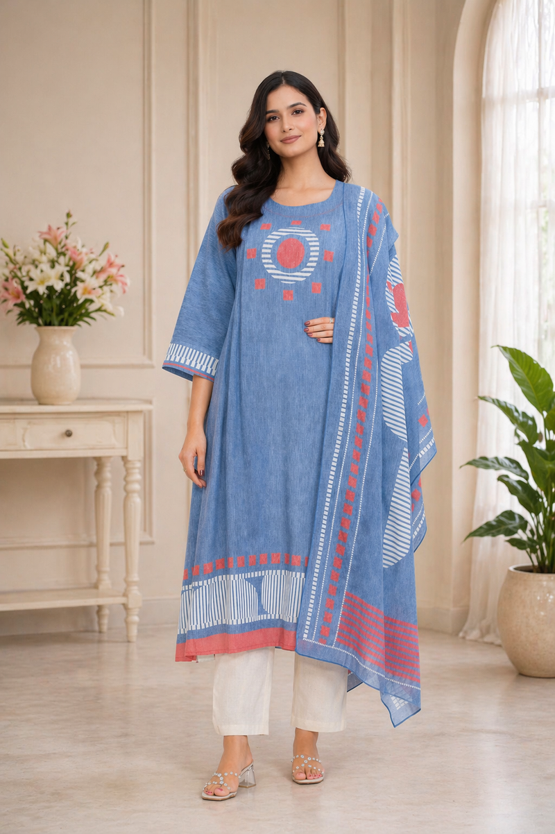 Blue Textured Cotton Suit Set
