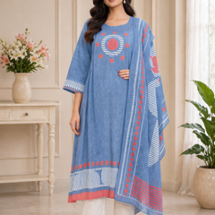 Blue Textured Cotton Suit Set