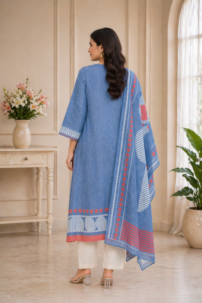 Blue Textured Cotton Suit Set