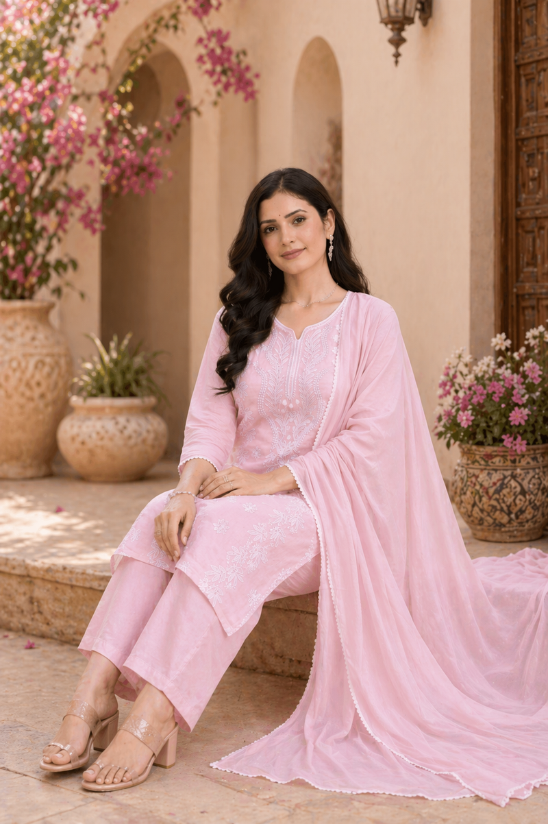 Powder Pink Pure Cotton Suit Set