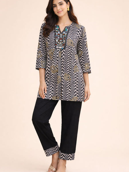 Black German Rayon Mirror Work Cord Set with Plazo Pants