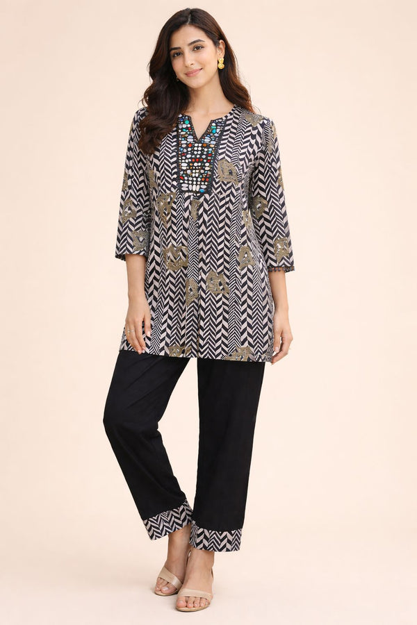 Black German Rayon Mirror Work Cord Set with Plazo Pants