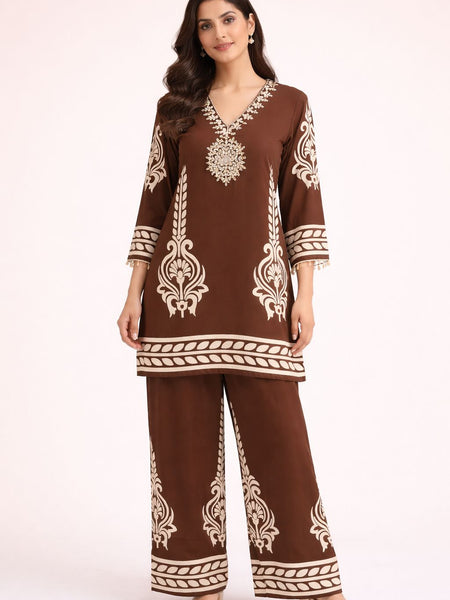 Brown German Rayon Mirror Work Cord Set