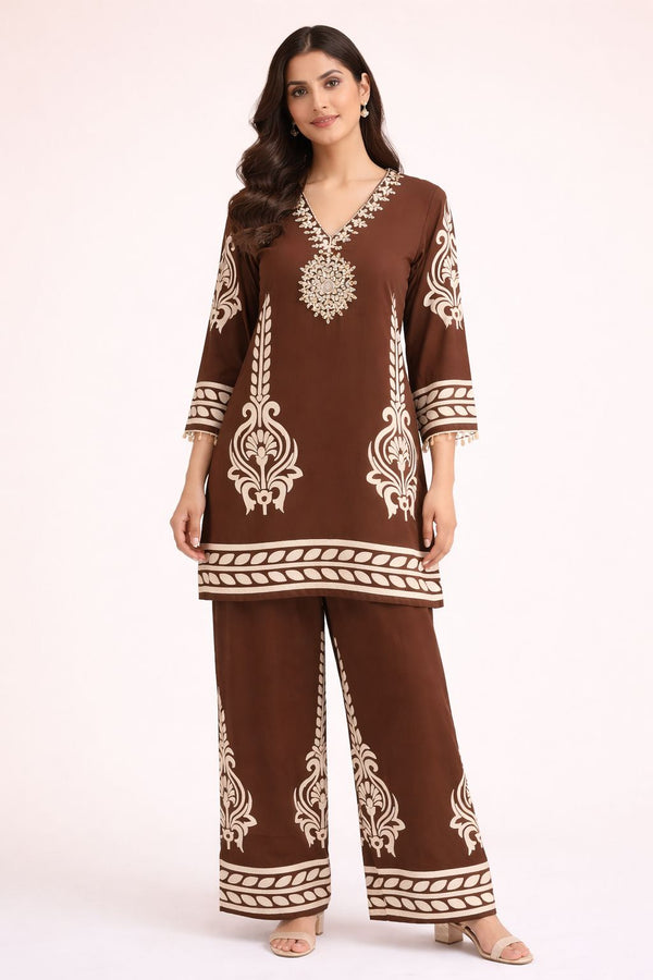 Brown German Rayon Mirror Work Cord Set