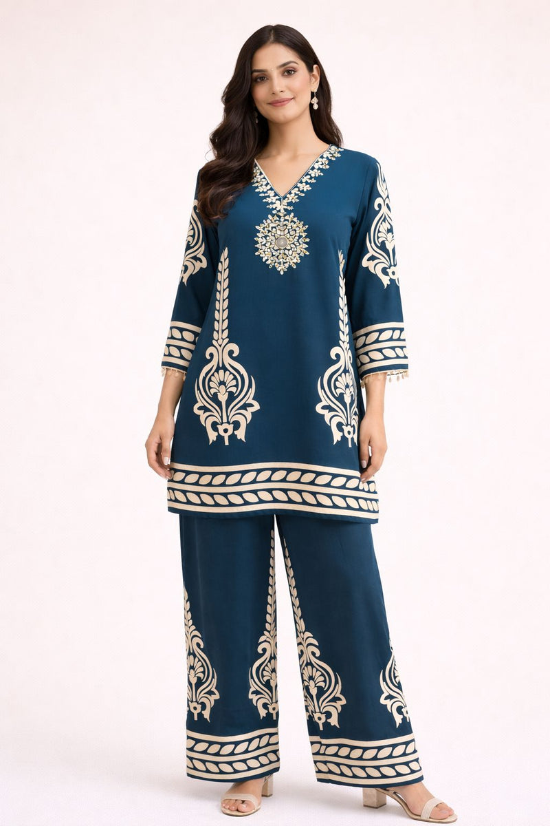 Blue & Brown German Rayon Mirror Work Cord Set