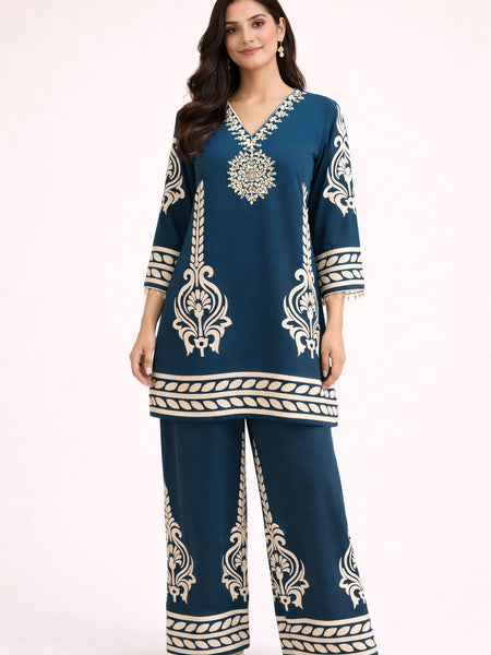 Blue & Brown German Rayon Mirror Work Cord Set