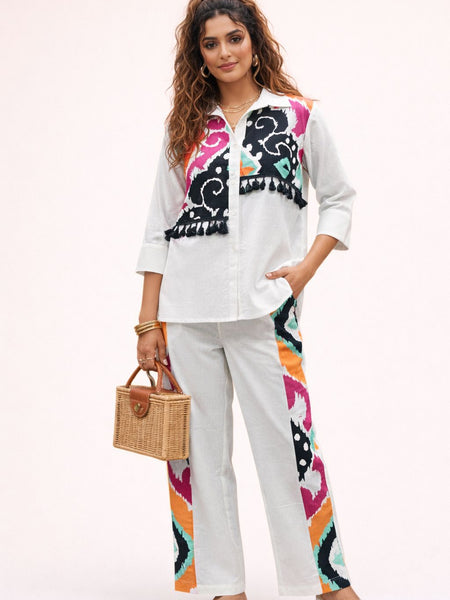 White Pure Cotton Printed Shirt Cord Set