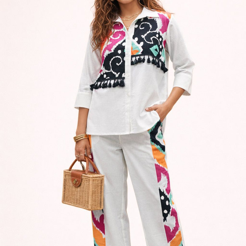 White Pure Cotton Printed Shirt Cord Set