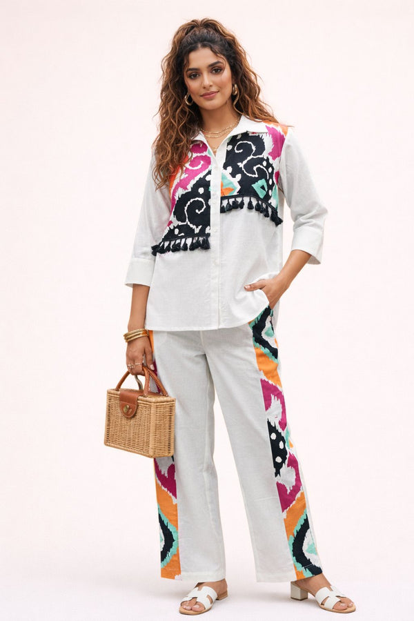 White Pure Cotton Printed Shirt Cord Set