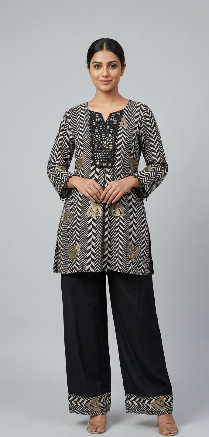 Black German Rayon Mirror Work Cord Set with Plazo Pants