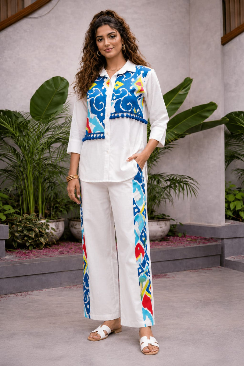 White Pure Cotton Printed Shirt Cord Set