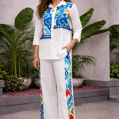 White Pure Cotton Printed Shirt Cord Set