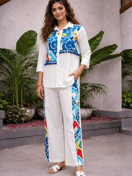 White Pure Cotton Printed Shirt Cord Set