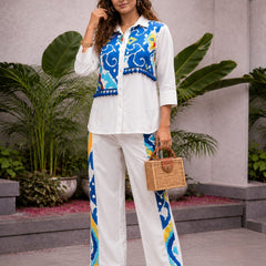White Pure Cotton Printed Shirt Cord Set