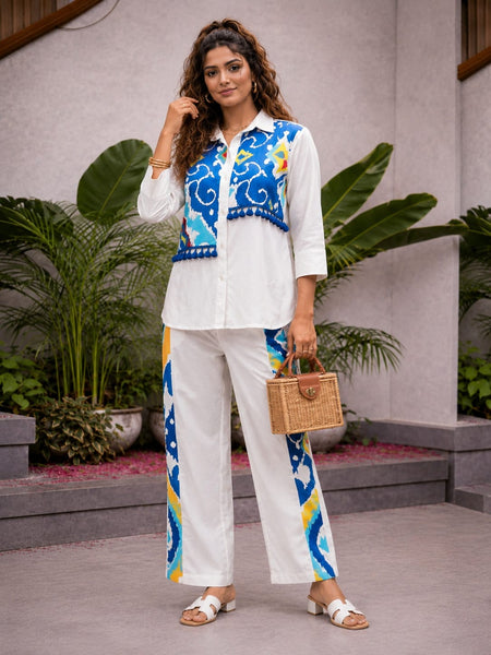 White Pure Cotton Printed Shirt Cord Set