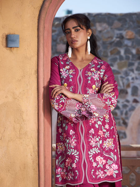 Elevate your ethnic style with this elegant Pakistani Embroidered Cotton Farshi Suit Set.