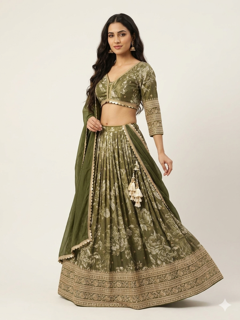 Monochrome Green Banarasi Silk Lehenga