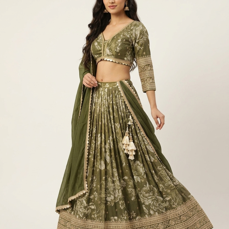 Monochrome Green Banarasi Silk Lehenga