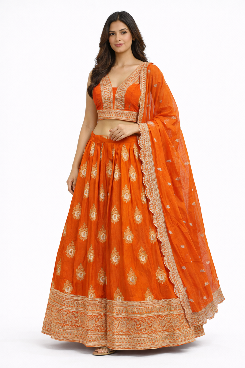 Burnt Orange Banarasi Silk Lehenga