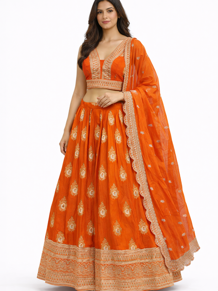 Burnt Orange Banarasi Silk Lehenga