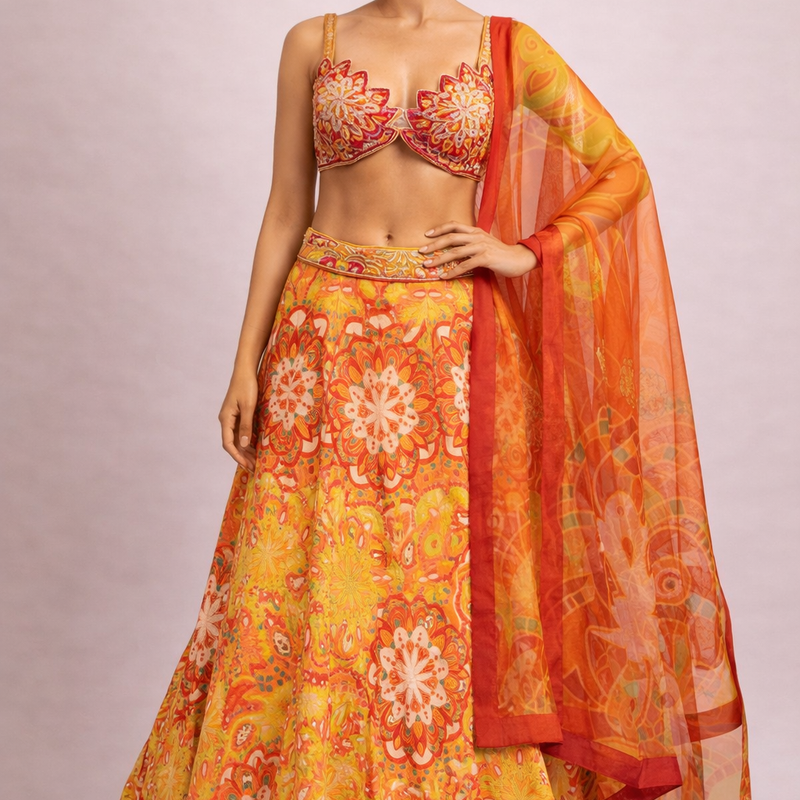 Quirky Orange Yellow Georgette Lehenga