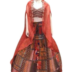 Multi-Coloured Banarasi Butta Lehenga Set with Mirror Work Blouse & Zari Shrug