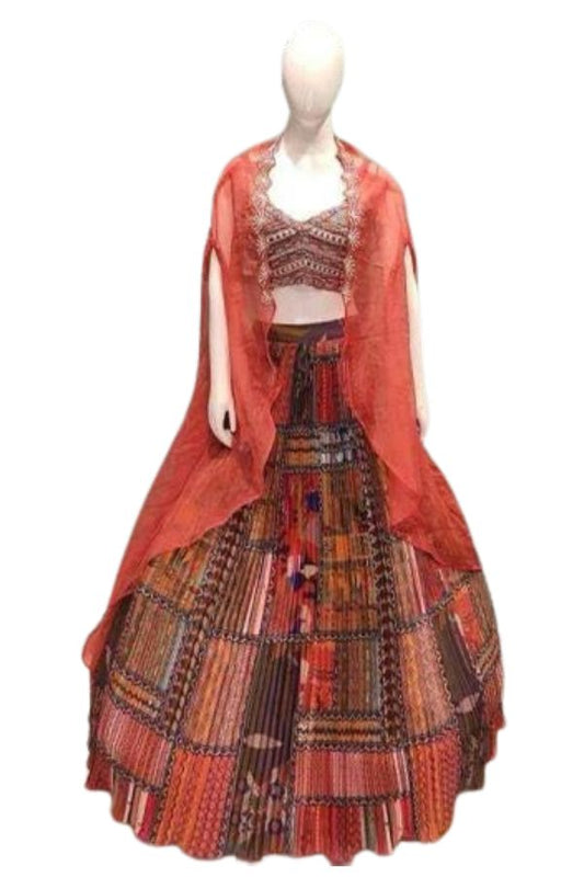 Multi-Coloured Banarasi Butta Lehenga Set with Mirror Work Blouse & Zari Shrug