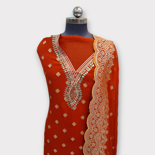 Unstitched Jaquard Woven Suit, Gota And Real Mirror Work
