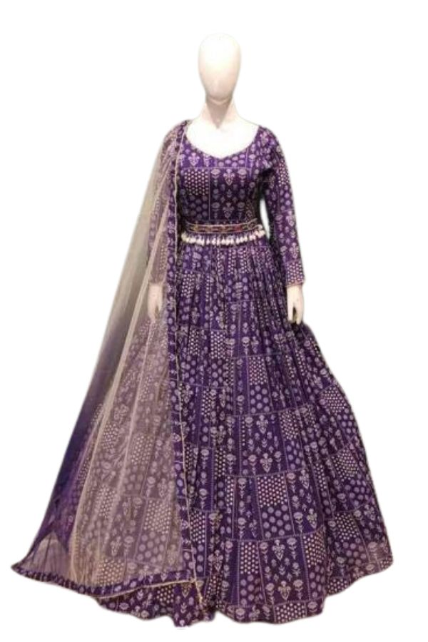 Purple Banarasi Butta Lehenga Set with Mirror Work Blouse & Zari Shrug