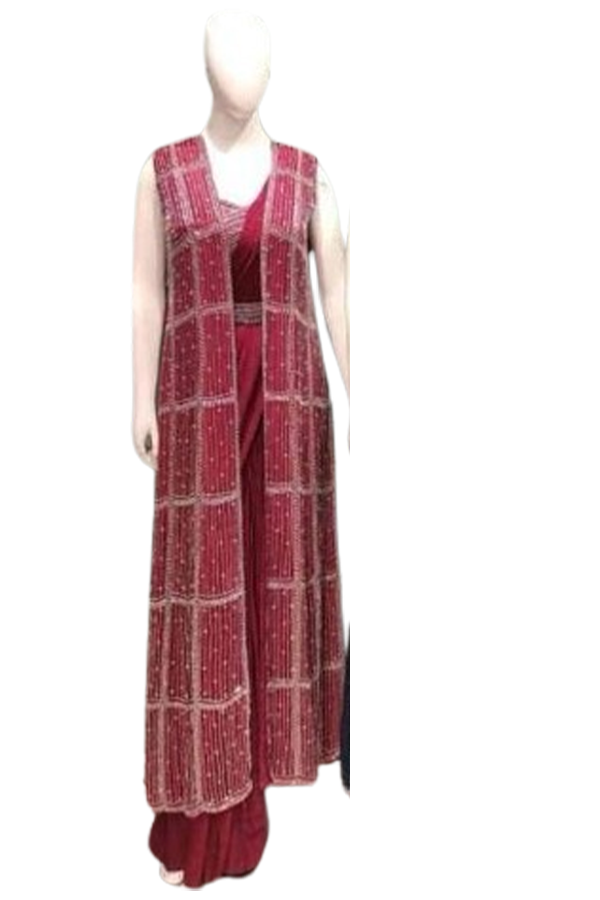 Red Banarasi Butta Lehenga Set with Mirror Work Blouse & Zari Shrug