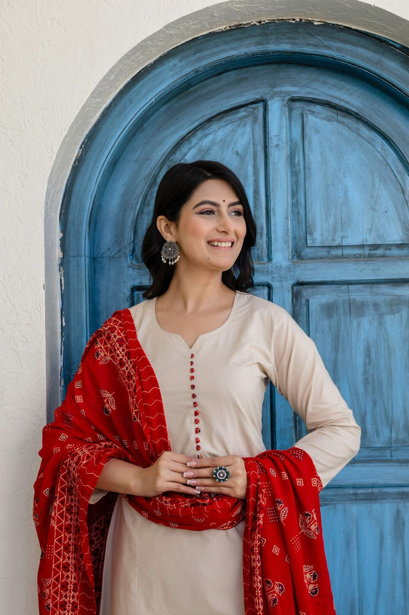 Earthy Tone Cotton Kalamkari Suit Set