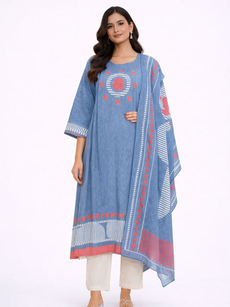 Blue Textured Cotton Suit Set