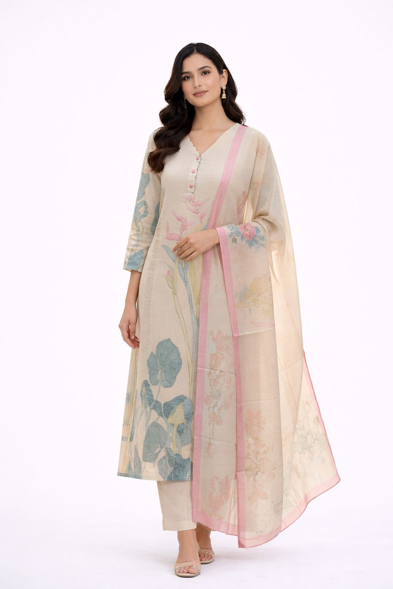 Off White Textured Cotton Abstract Print Suit Set