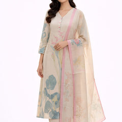 Off White Textured Cotton Abstract Print Suit Set
