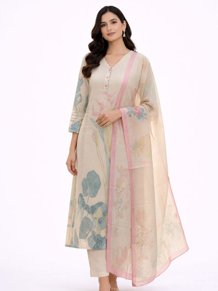 Off White Textured Cotton Abstract Print Suit Set