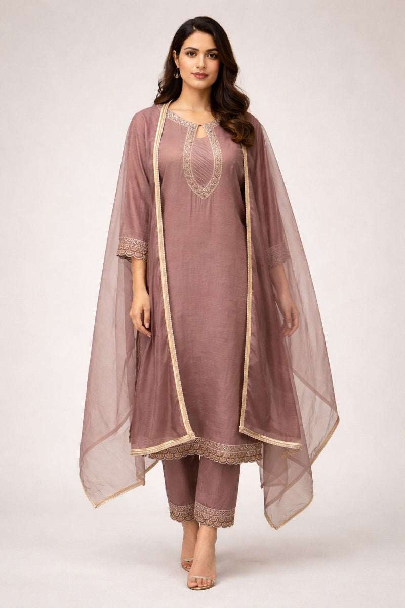 Salmon Roman Silk Suit Set