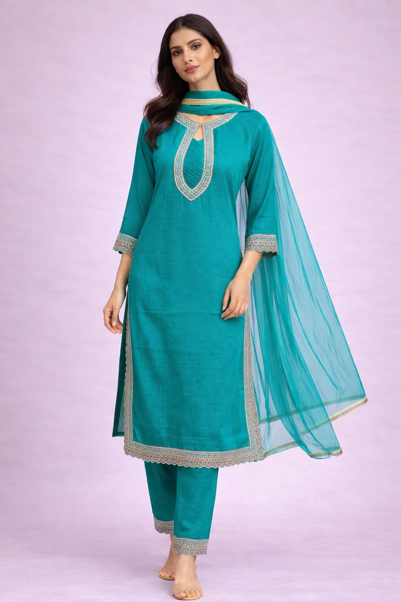 Firozi Roman Silk Suit Set