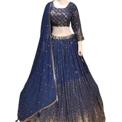 Blue Banarasi Butta Lehenga Set with Mirror Work Blouse & Zari Shrug