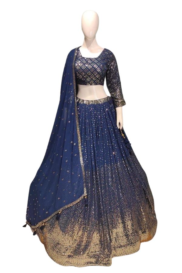 Blue Banarasi Butta Lehenga Set with Mirror Work Blouse & Zari Shrug